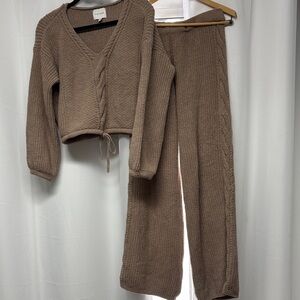 Pink Rose Tan Knit Wide Leg Pants Set